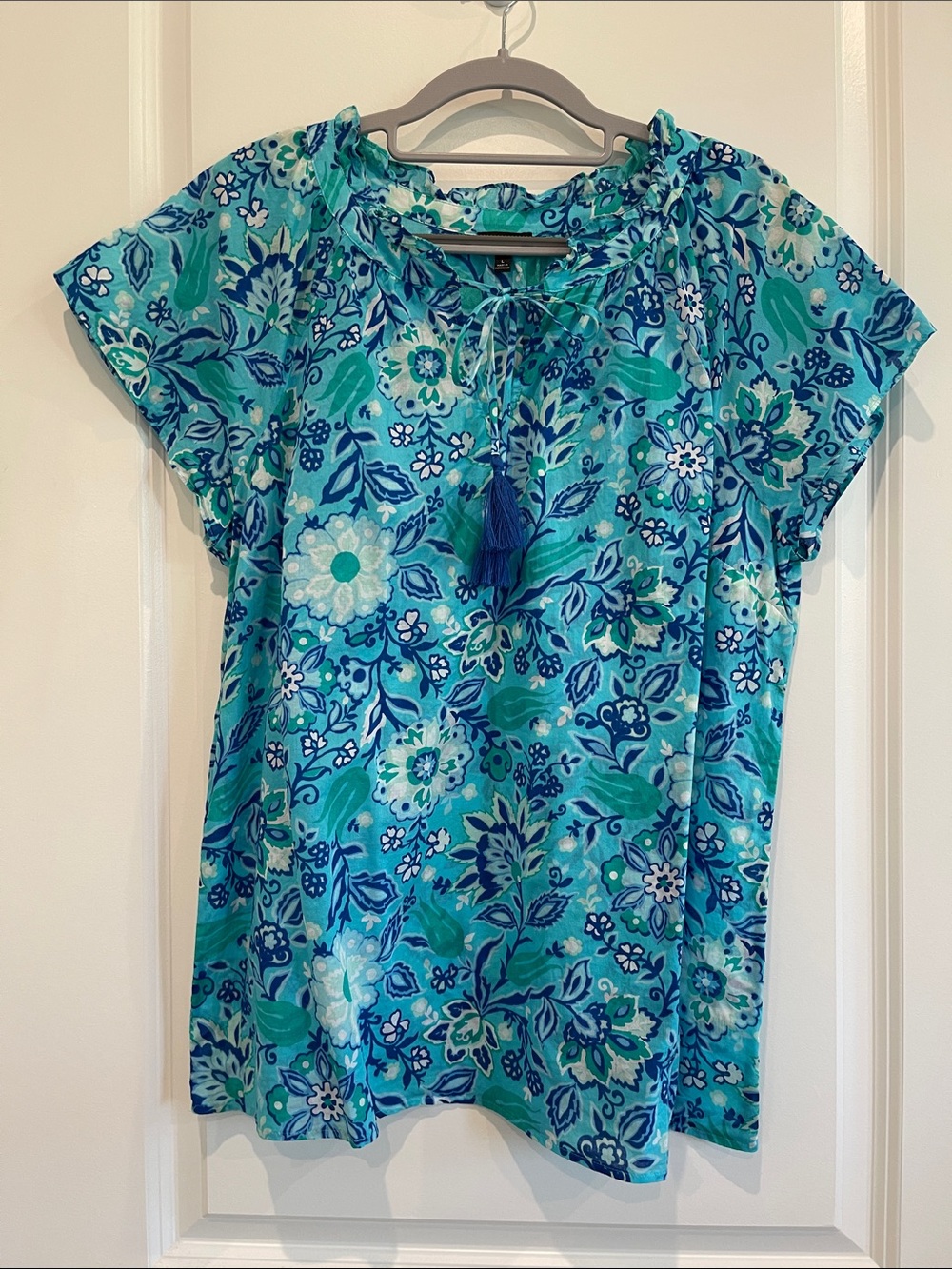 Talbots Blue and Teal Floral Tie-Neck Blouse